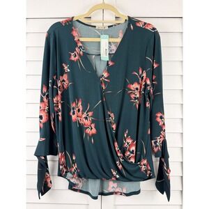 Beacon Imay Tie Sleeve Knit Top XL Teal Green Floral Wrap Front NEW